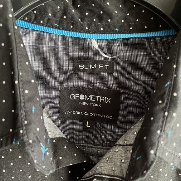 Geometrix Mens Shirt Slim Fit Size L Short Sleeve Black White Polka Dots Cotton - Picture 3 of 6